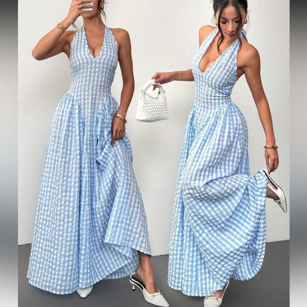 Elegant Black and White Checkered Halter Maxi Dress - Picture 1 of 8